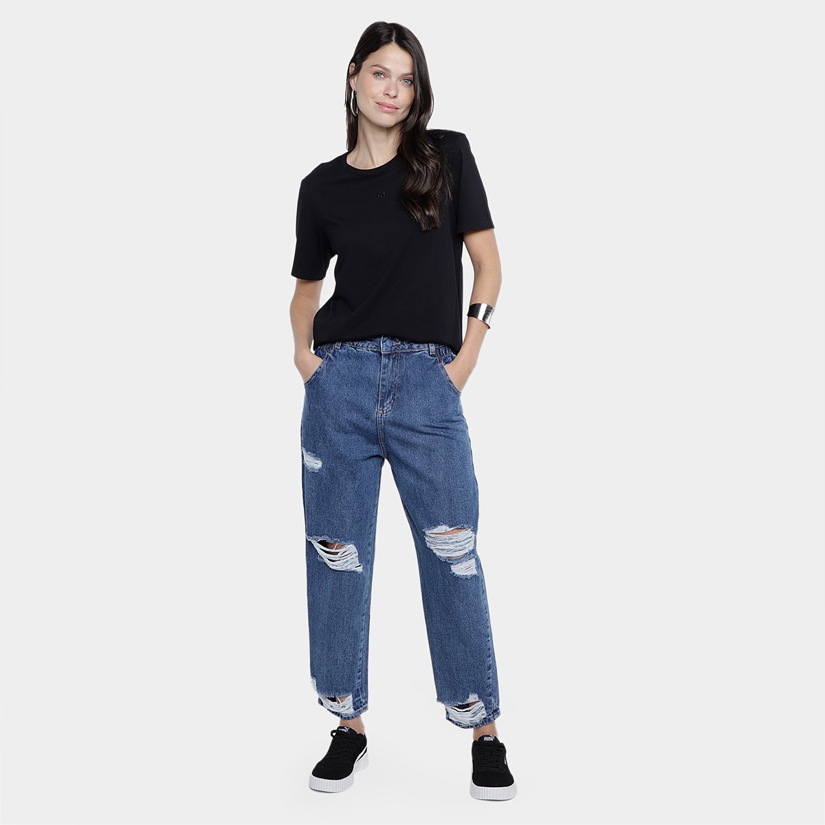 Calça Jeans Mom Sawary Rasgos Cintura Alta Feminina - Tam: 34 - 3