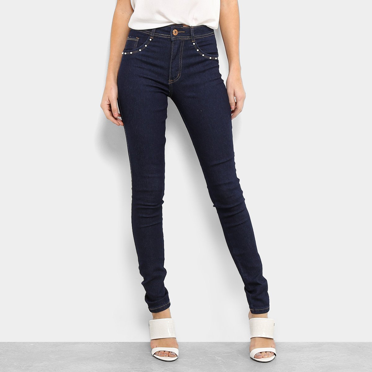 Calça Jeans Skinny Biotipo Melissa Cintura Média Pérolas Feminina