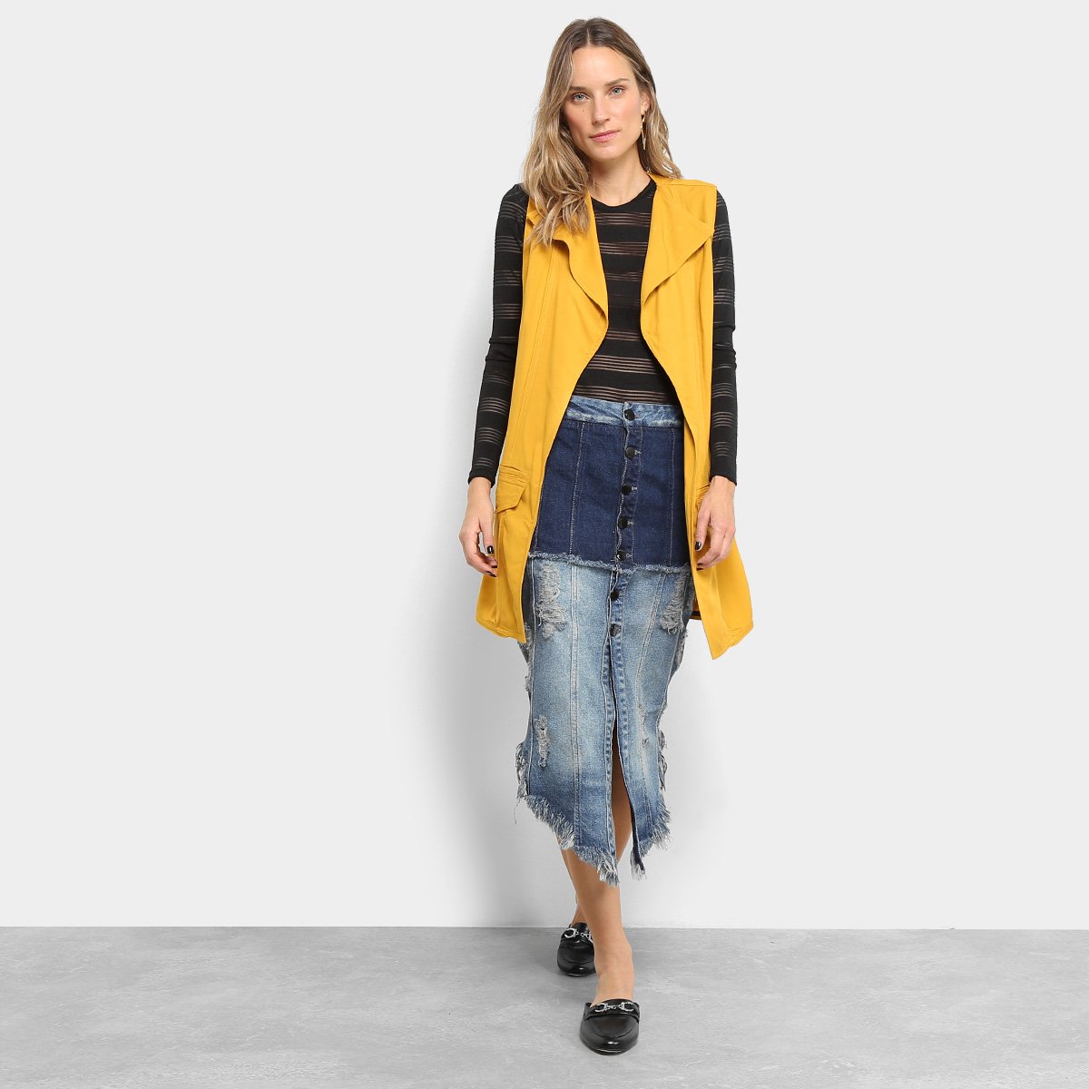 Saia Jeans Midi Open Puídos Feminina - Tam: 36 - 2