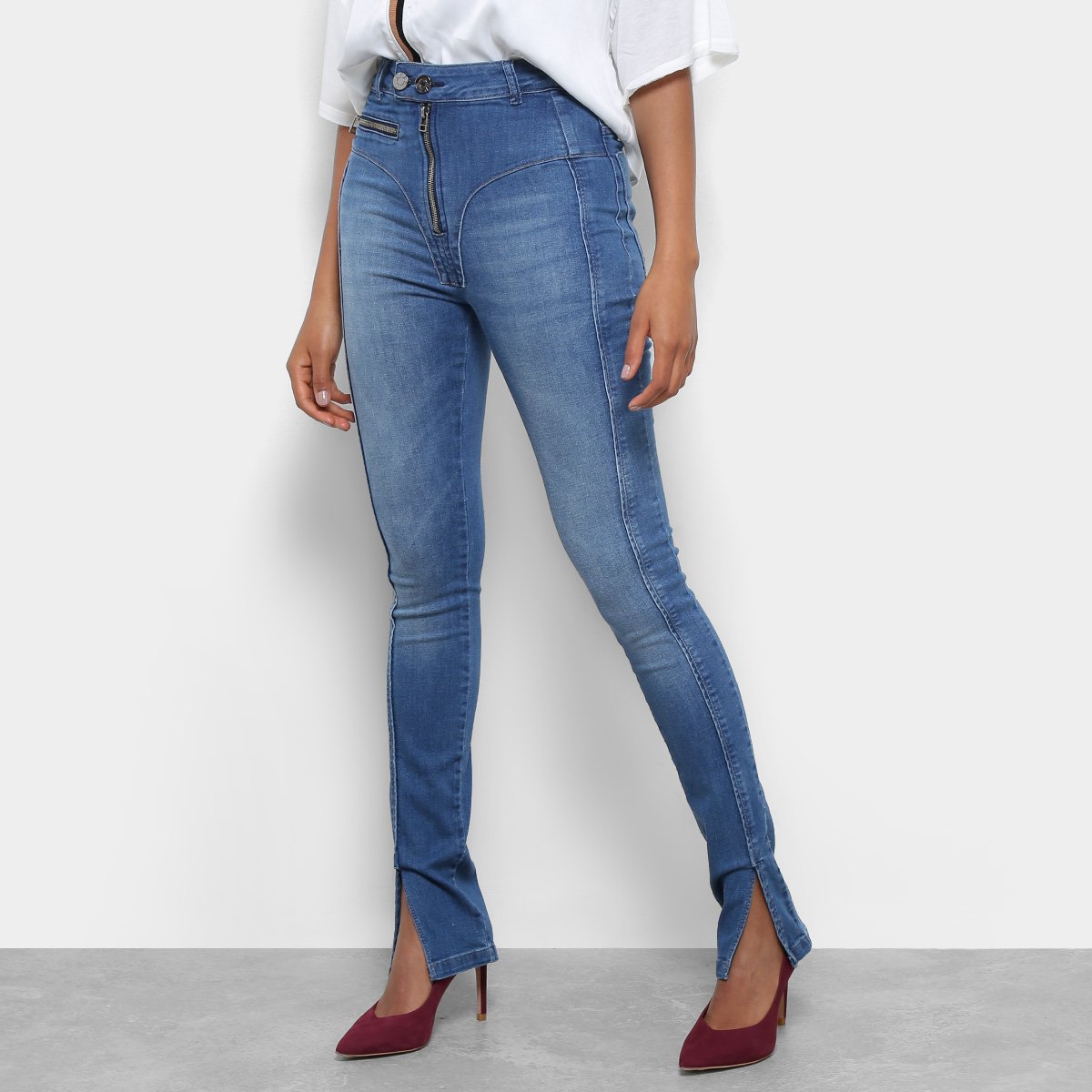 Calça Jeans Skinny Open Recorte Frontal Cintura Média Feminina5