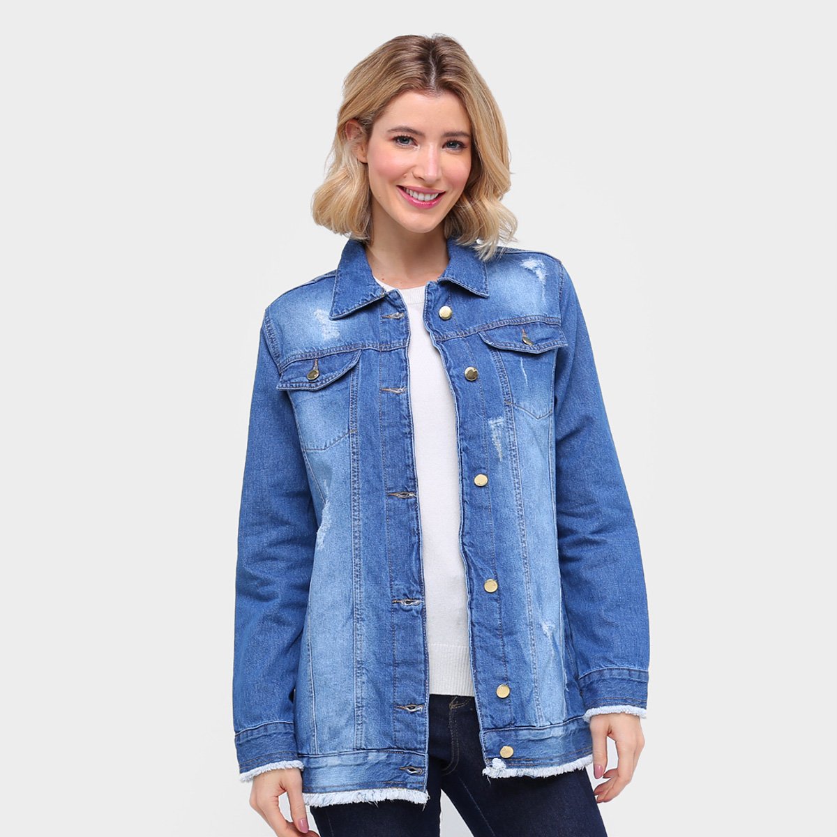 Jaqueta Jeans Ecxo Estonada Alongada Desfiada Feminina