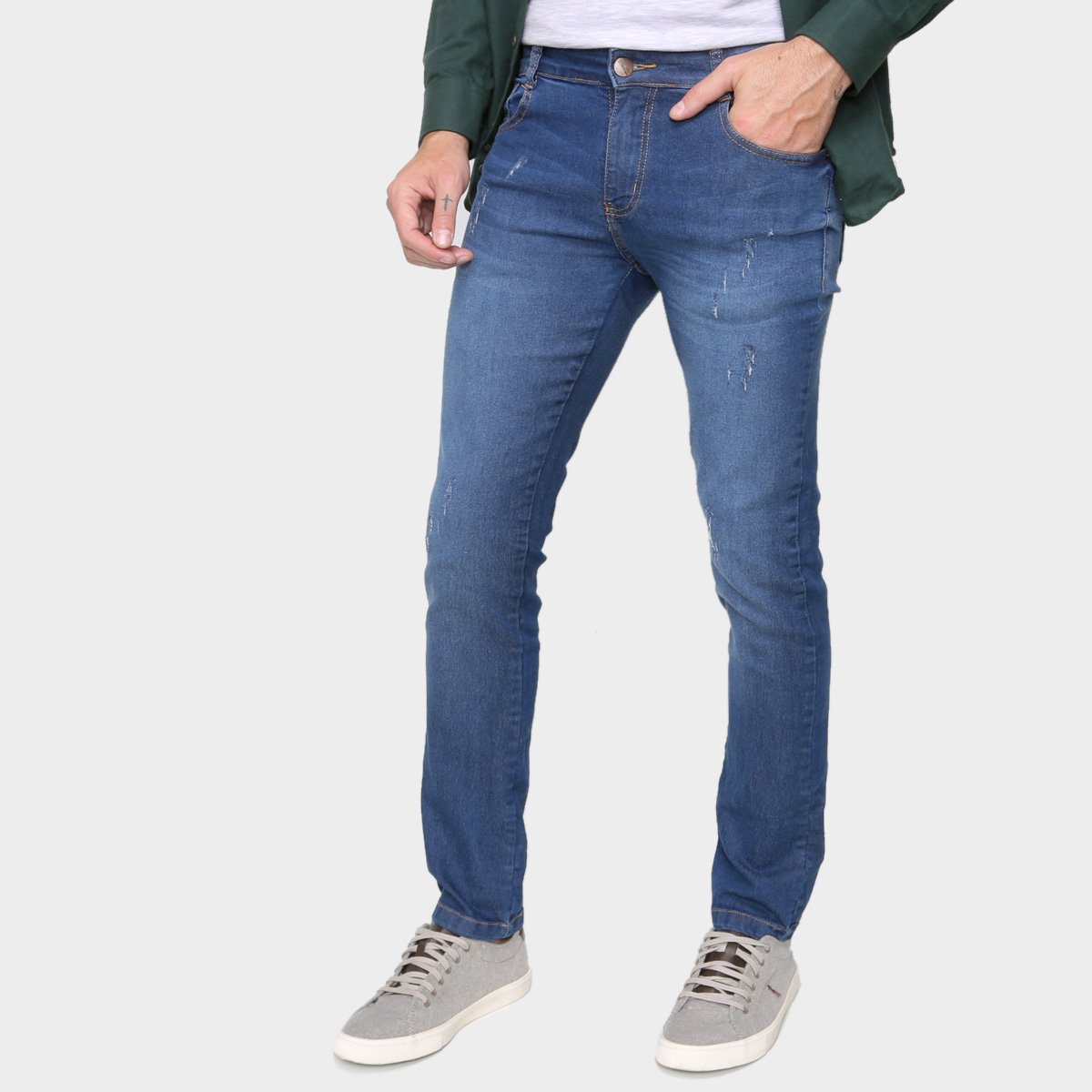 Calça Jeans Skinny Ecxo Puídos Cintura Média Masculina