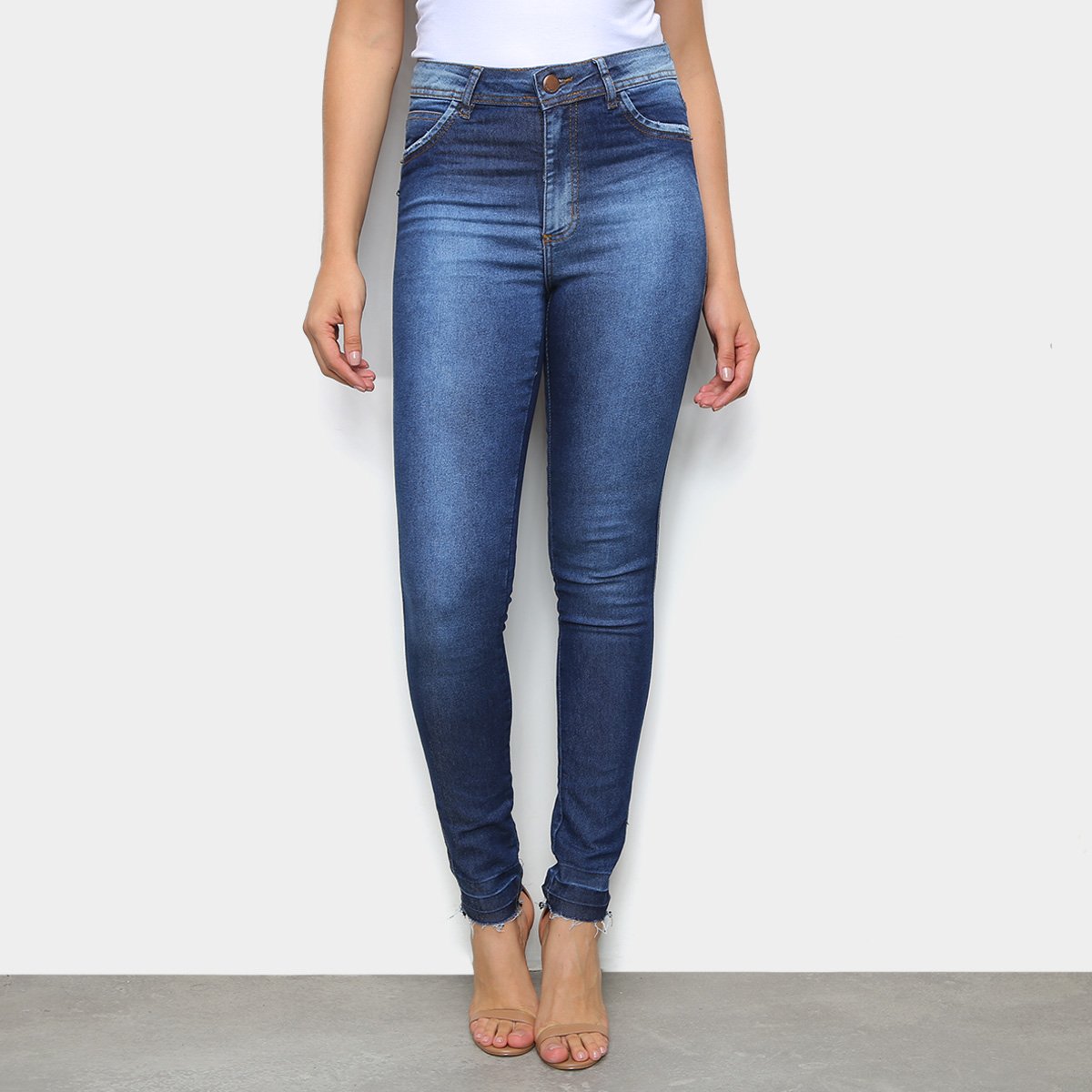 Calça Jeans Skinny TKS Puídos Cintura Média Feminina