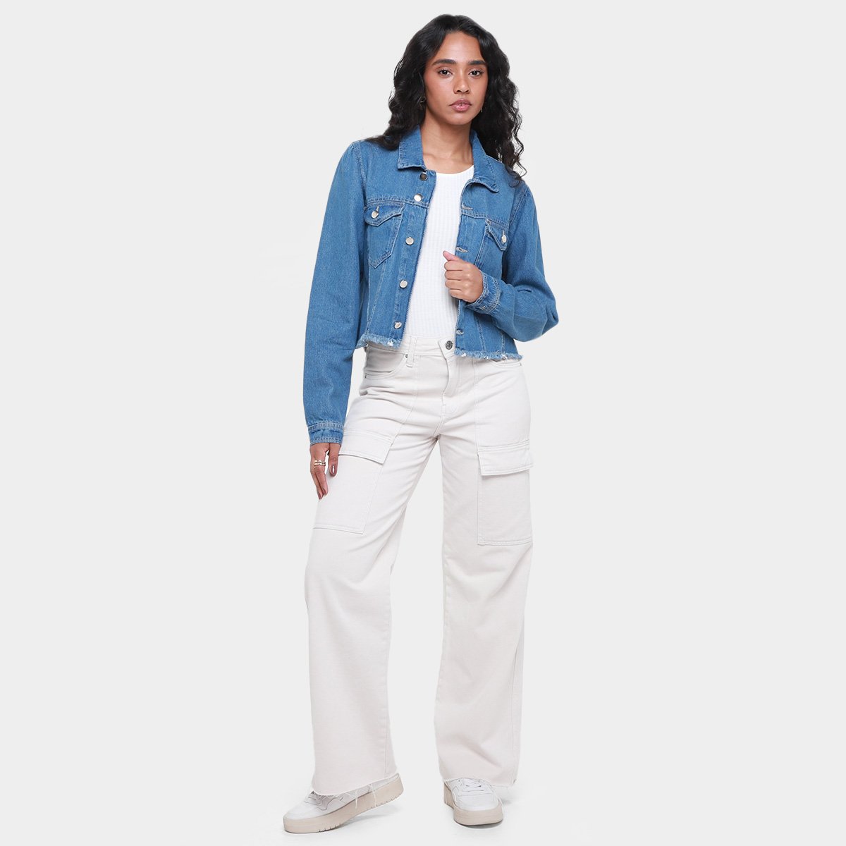 Jaqueta Jeans Influencer Cropped Manga Bufante Barra Desfiada Feminina - Tam: G - 3