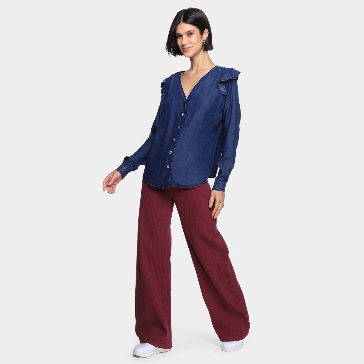 Blusa Cambos Babado Ombros Maga Longa Feminina - Tam: M - 3