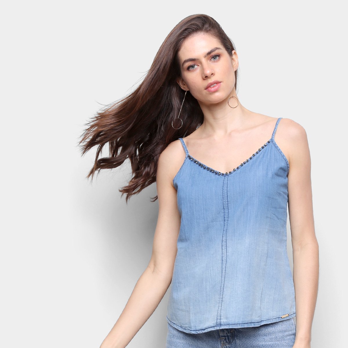 Regata Jeans Gris Apliques Feminina