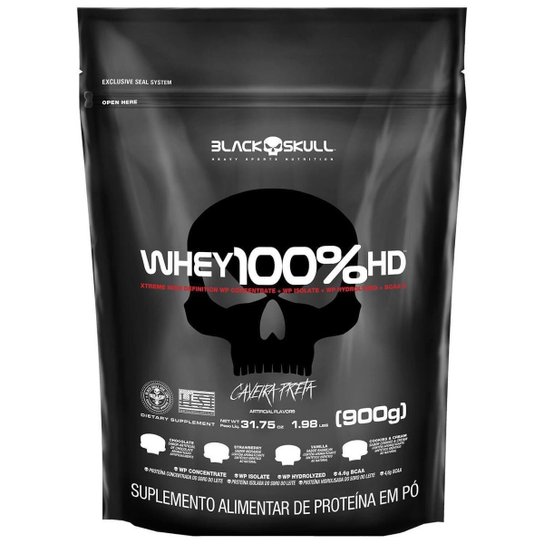 100% Whey HD Chocolate 900g Refil - Black Skull - Preto Menor preço em 100% Whey HD Chocolate 900g Refil - Black Skull - Preto