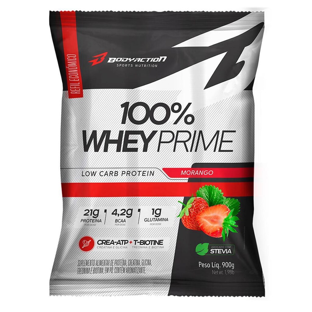 100% WHEY PRIME REFIL 900G - BODY ACTION (MORANGO)