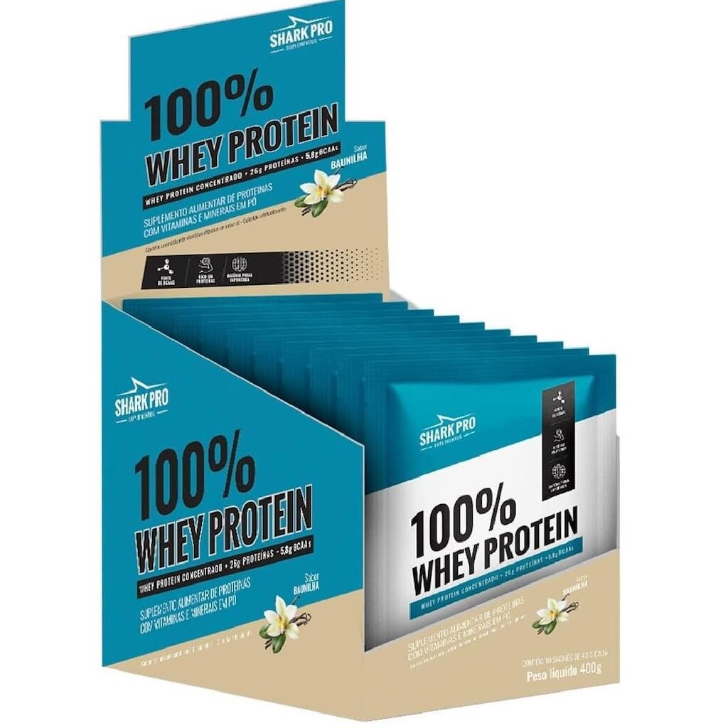 100% Whey Protein Sache Shark Pro Suplementos 40G - 10 Unidades