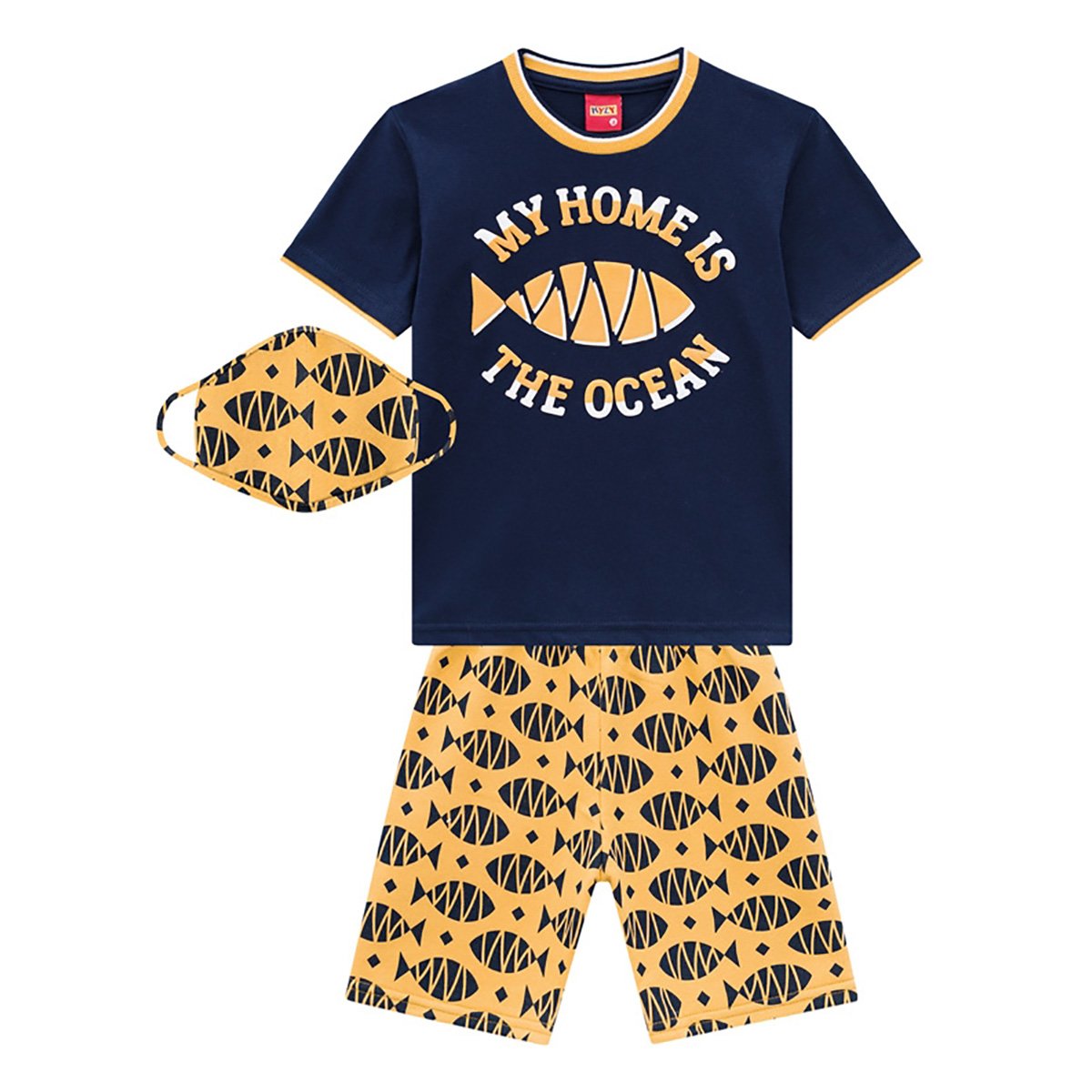 Conjunto Infantil Kyly Camiseta Ocean + Bermuda c/ Máscara Masculino