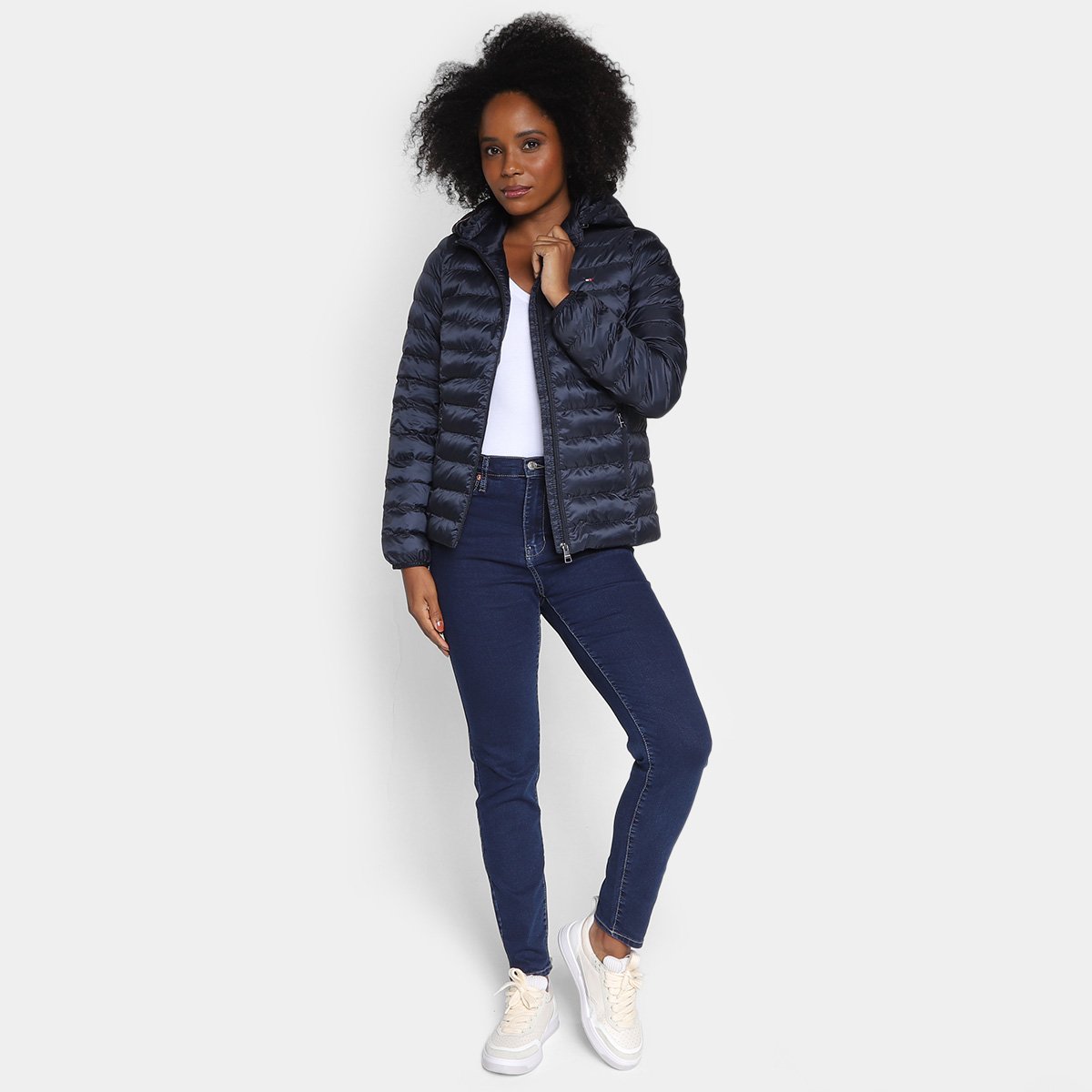 Jaqueta Puffer Tommy Hilfiger Padded Global Stripe Com Capuz Feminina - Tam: M - 4