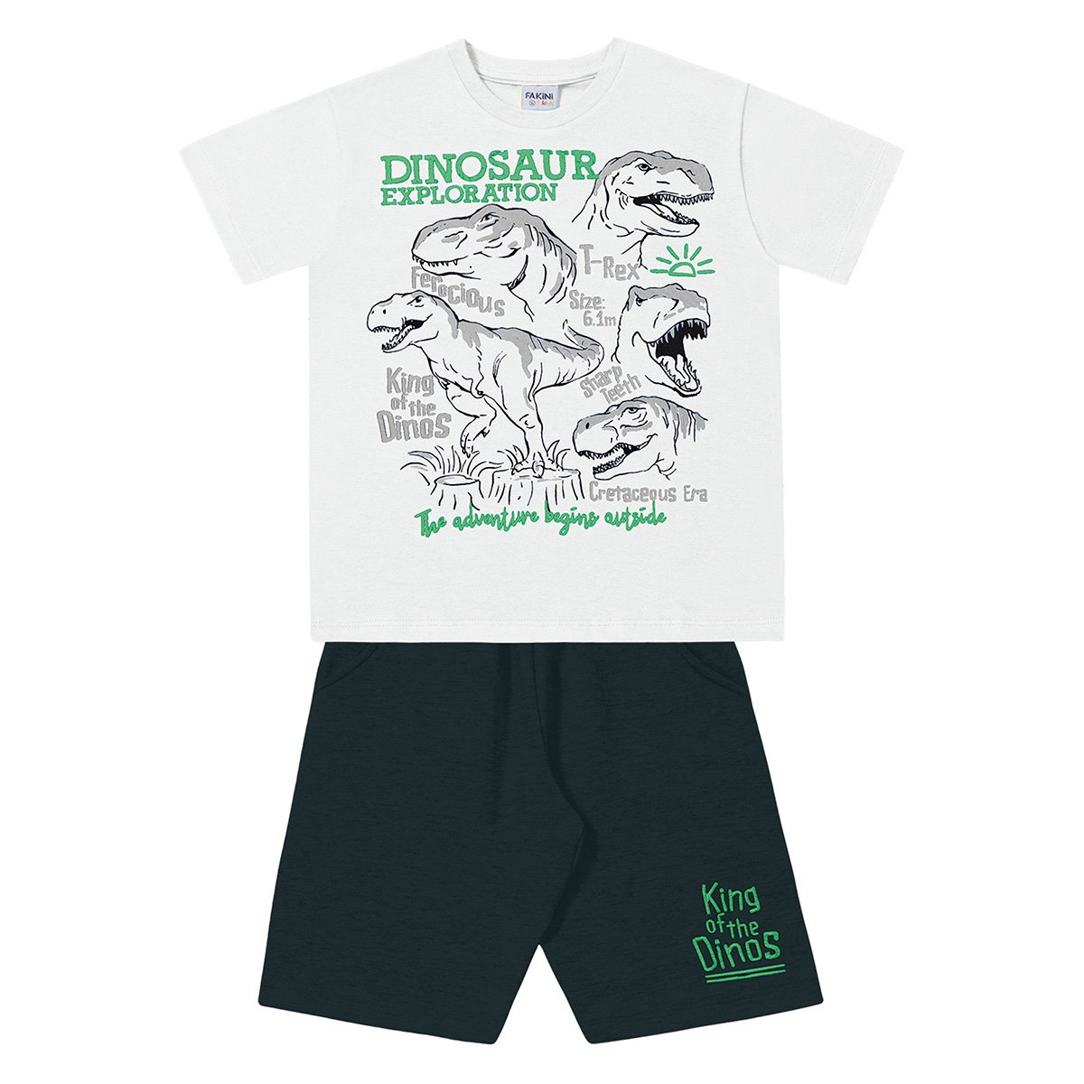 Conjunto Infantil Fakini Camiseta Malha e Bermuda Moletinho Dinos Masculino