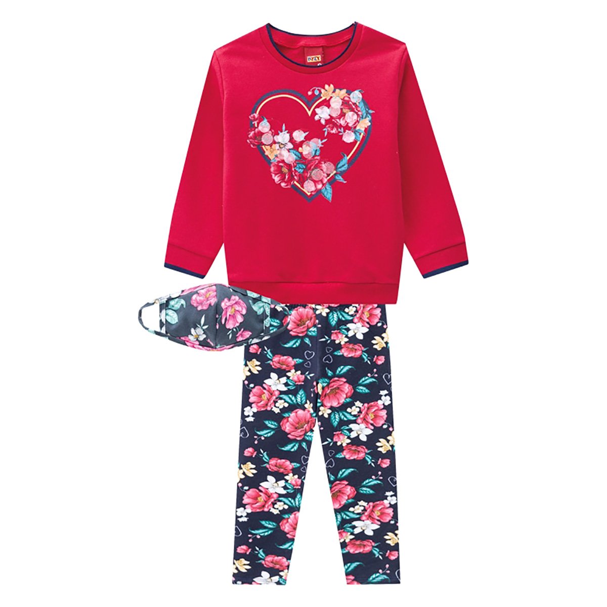 Conjunto Infantil Kyly Floral Moletom Peluciado + Máscara Feminino