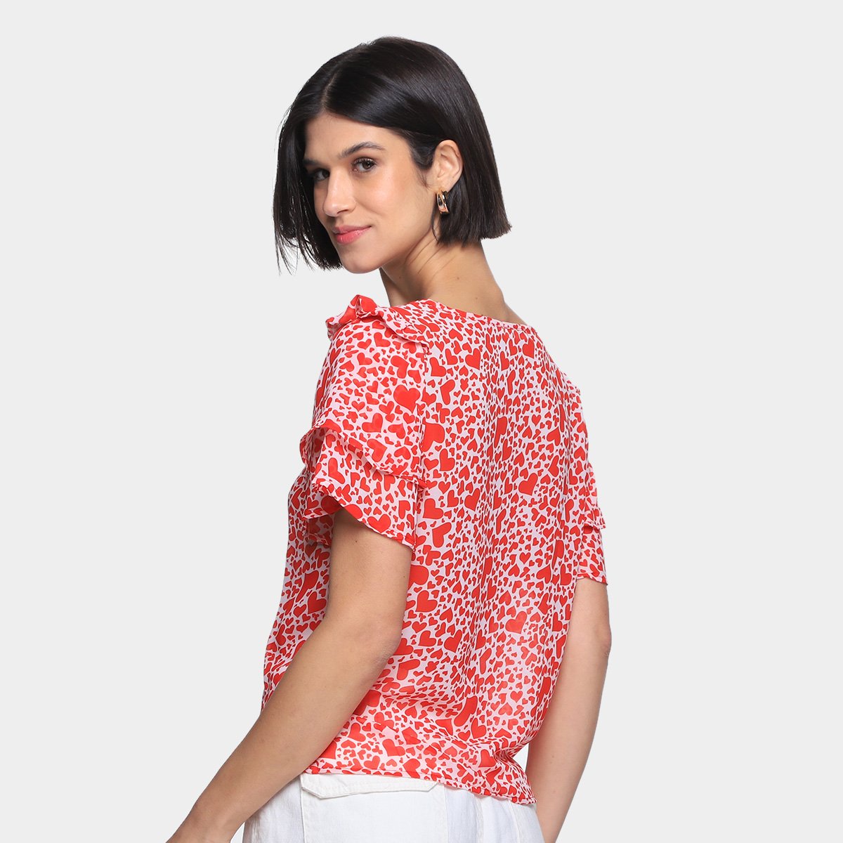 Blusa Dom Fashion Manga Babados Corações Feminina - Tam: P - 1