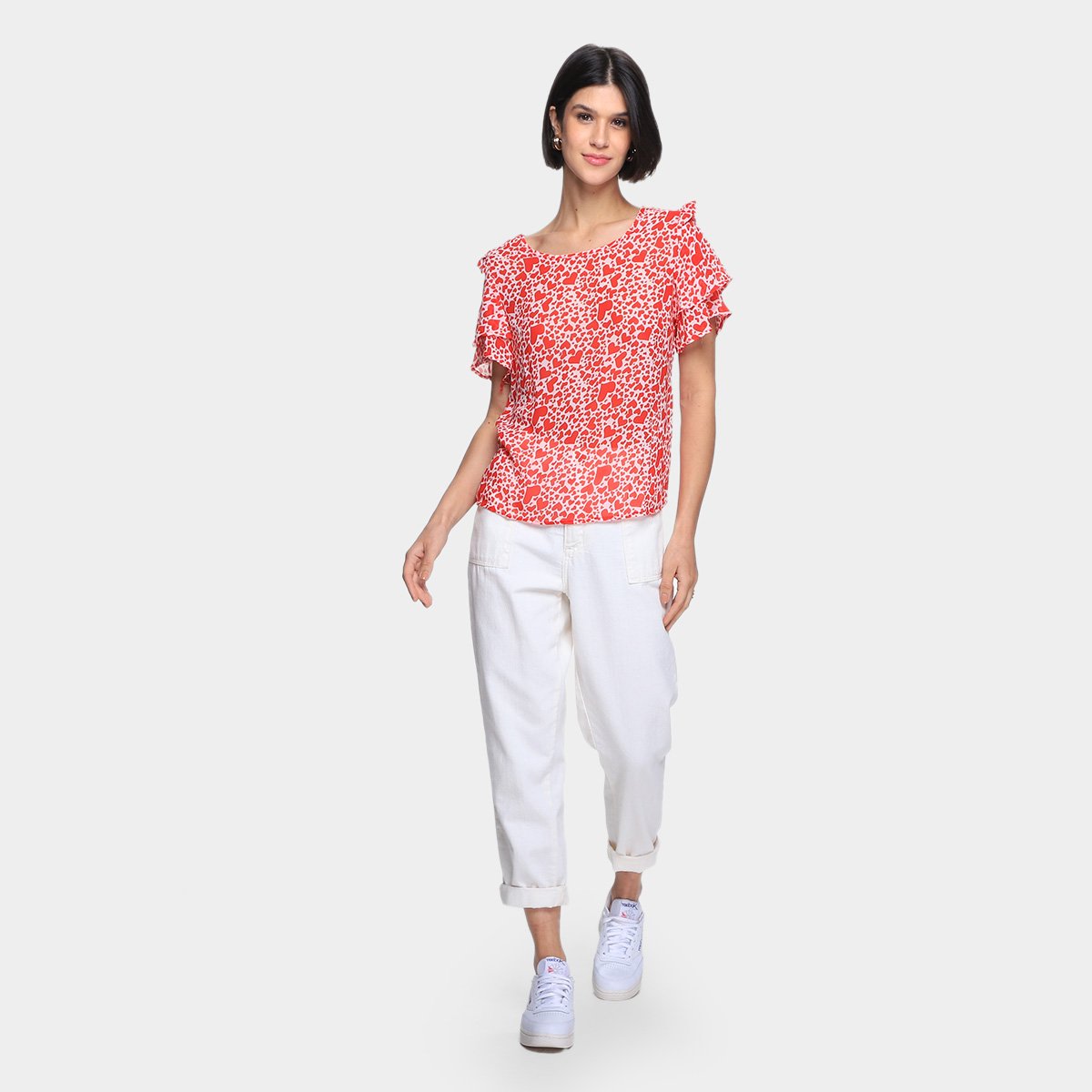 Blusa Dom Fashion Manga Babados Corações Feminina - Tam: P - 3