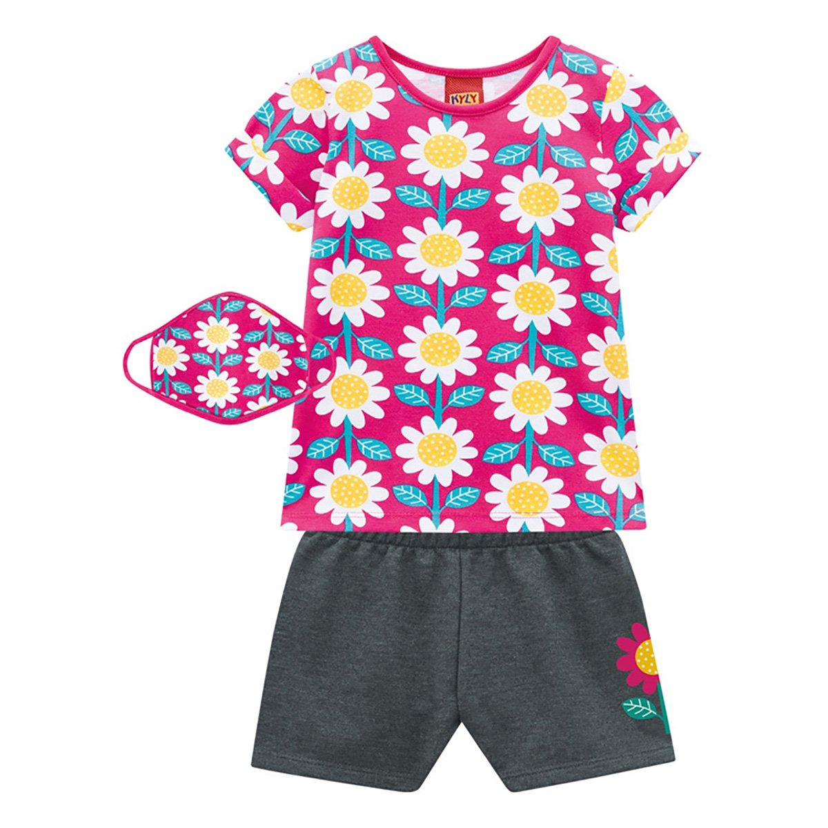 Conjunto Bebê Kyly Camiseta Flores + Shorts c/ Máscara Feminino