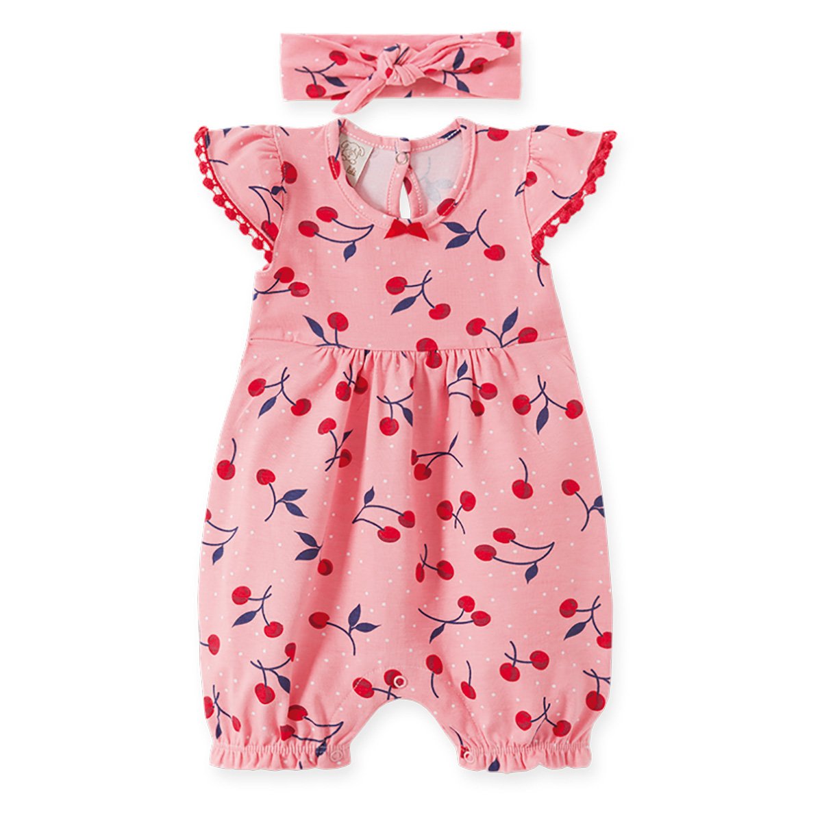 Macacão Curto Bebê Pingo Lelê Cereja + Faixa De Cabelo Feminino