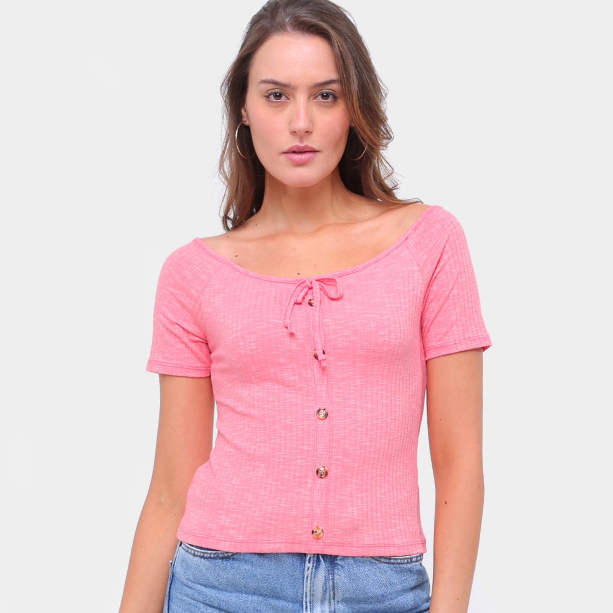 Blusa Lecimar Botões Canelada Manga Curta Feminina