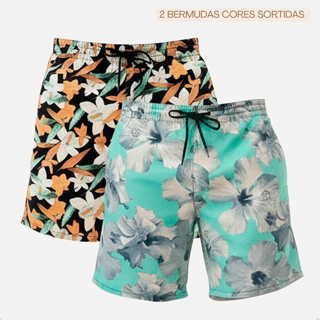 2 Bermuda Estampada Tactel Short Mauricinho Floral Praia