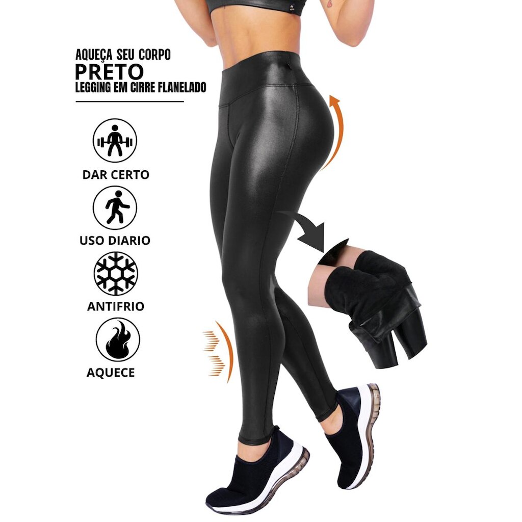 2 Calça Legging Feminina Flanelada em Cirrê Couro Fake Cintura Alta
