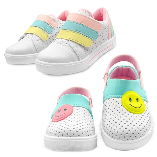 2 Pares Sandália Babuche Gatatuya Infantil Emoji e Tênis Infantil Casual Colors Menina - Branco Menor preço em 2 Pares Sandália Babuche Gatatuya Infantil Emoji e Tênis Infantil Casual Colors Menina - Branco