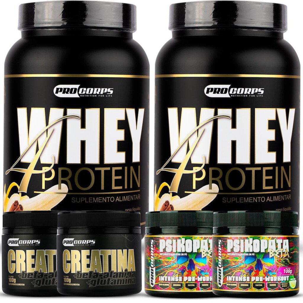 2 Whey 4 Protein 900g + 2 Creatina + 2 Pré Treino Psikopata