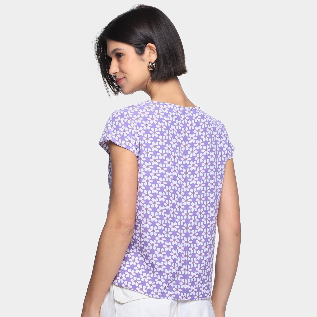 Blusa Dom Fashion Decote Recorte Tule Estampada Feminina - Tam: P - 1