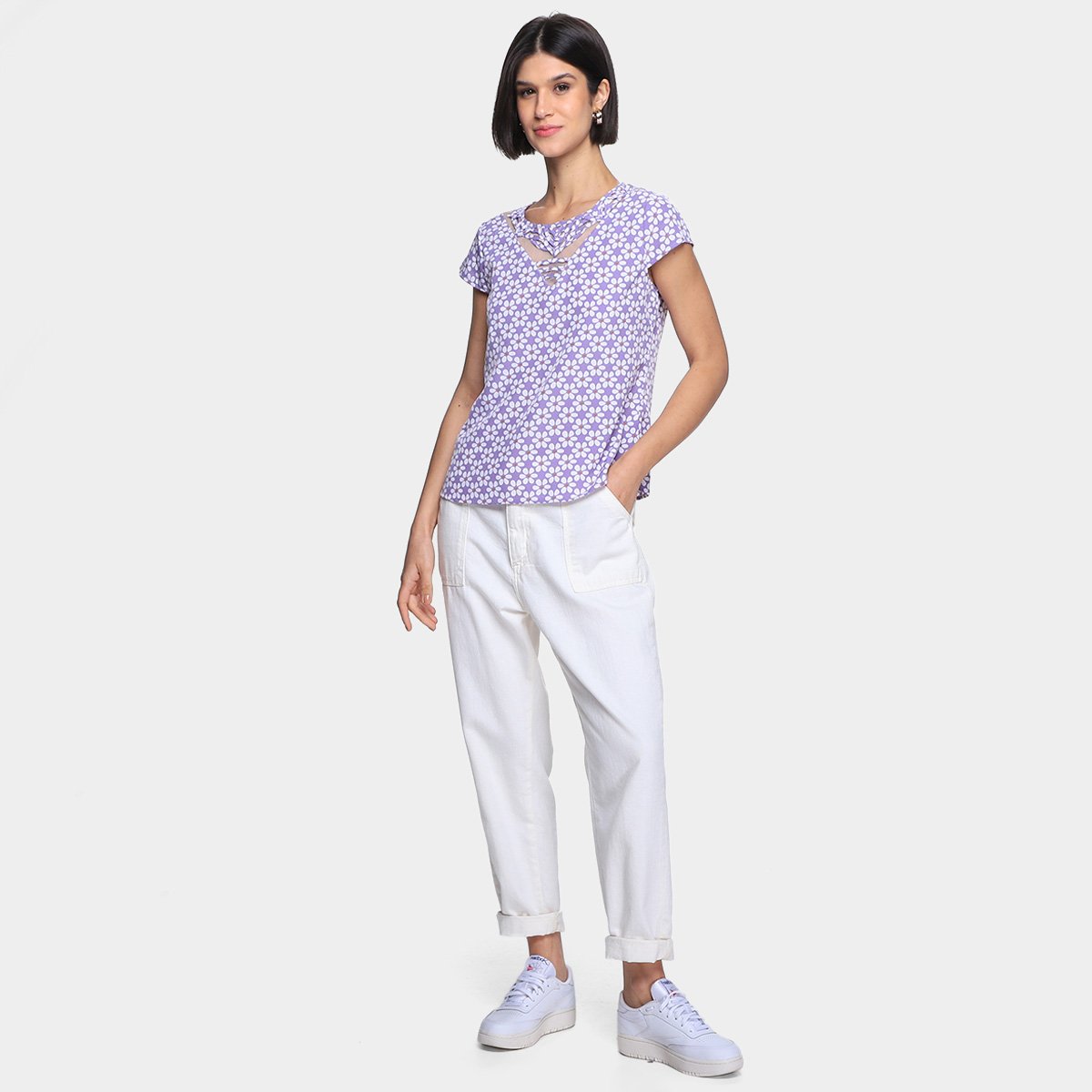 Blusa Dom Fashion Decote Recorte Tule Estampada Feminina - Tam: P - 3