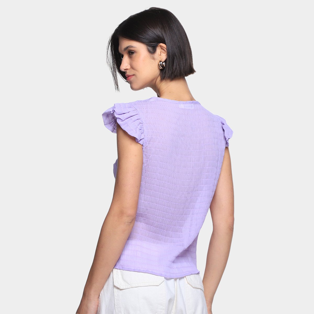 Blusa Dom Fashion Decote V Manga Curta Babado Feminina - Tam: P - 1