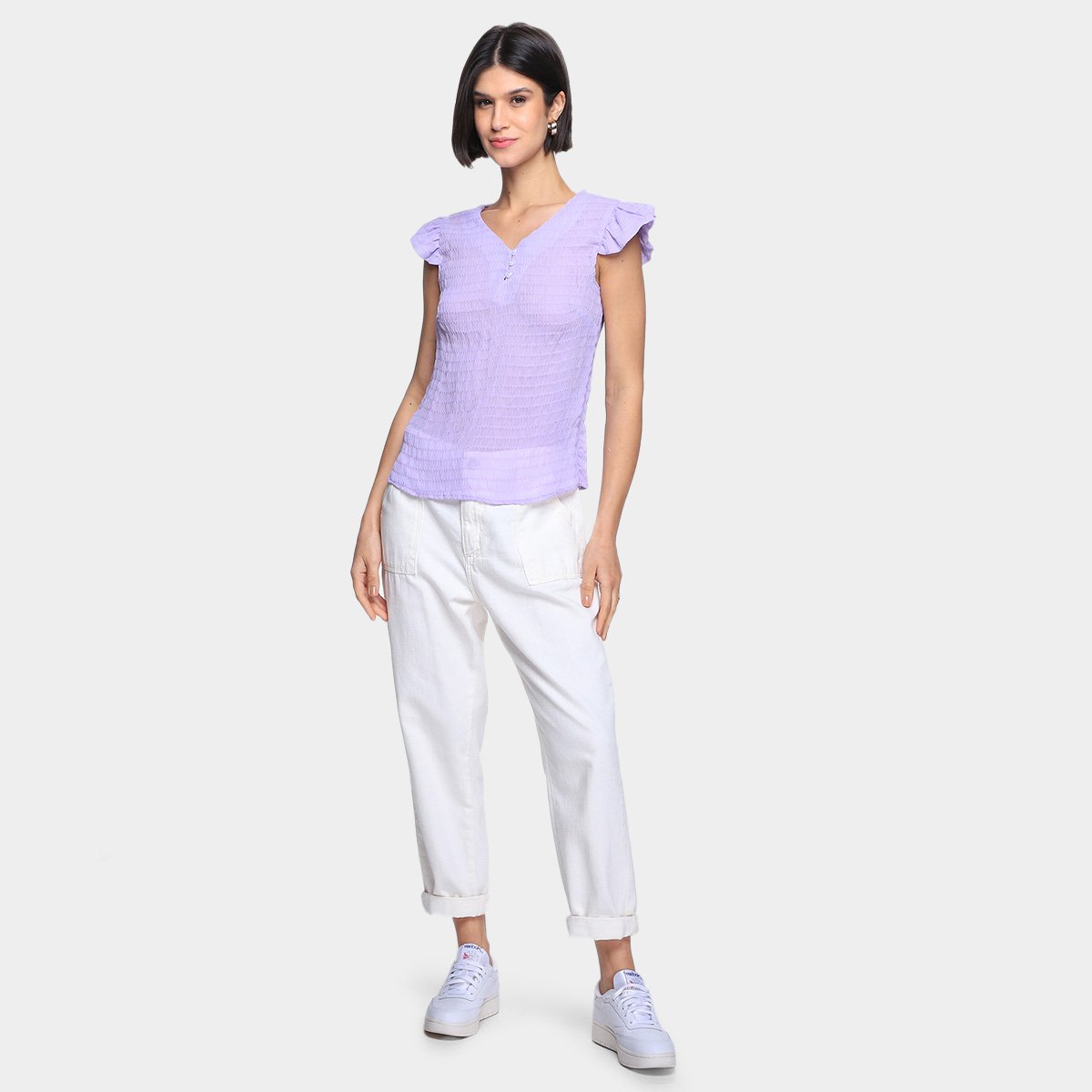 Blusa Dom Fashion Decote V Manga Curta Babado Feminina - Tam: P - 3