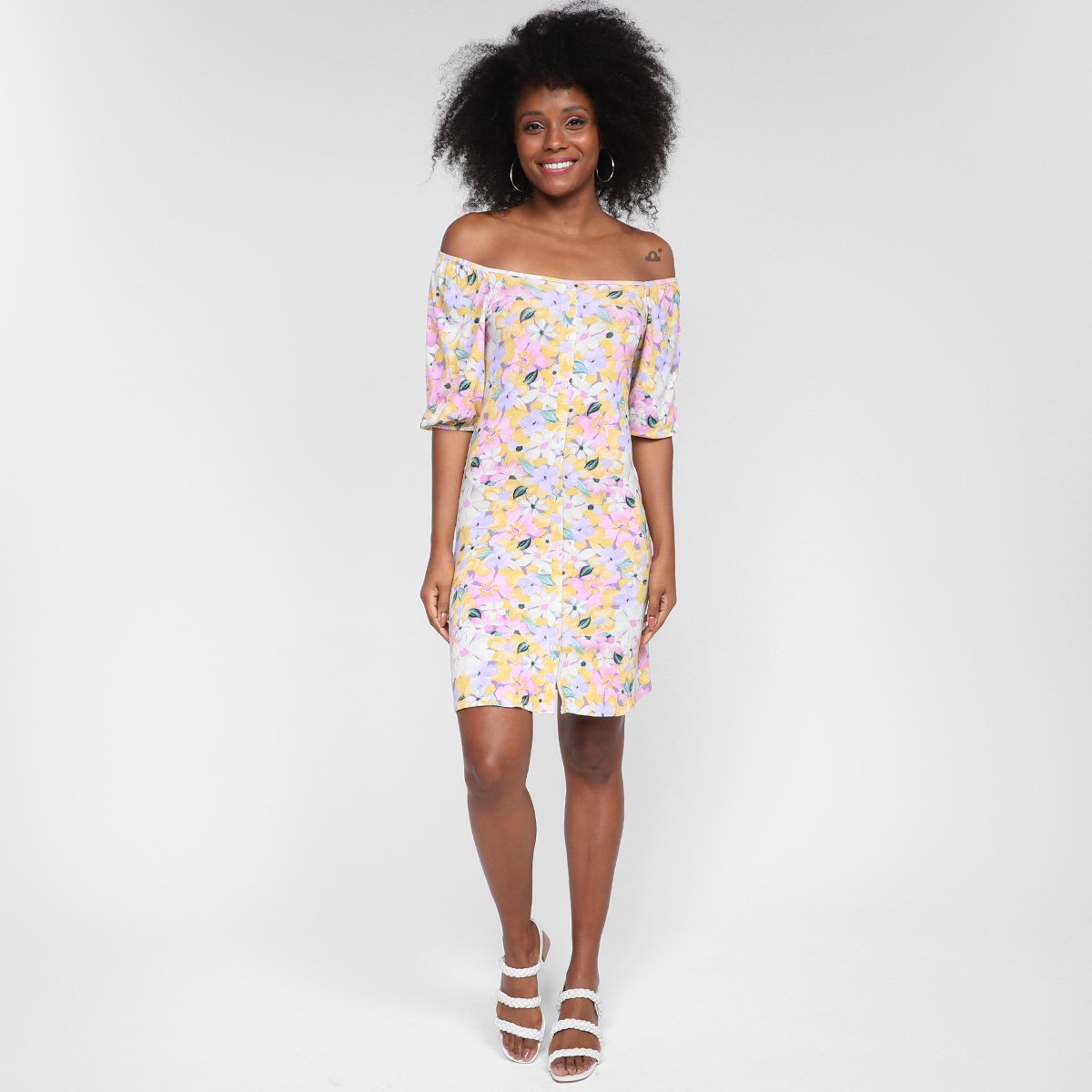 Vestido Lecimar Curto Ombro A Ombro Floral - Tam: P - 3