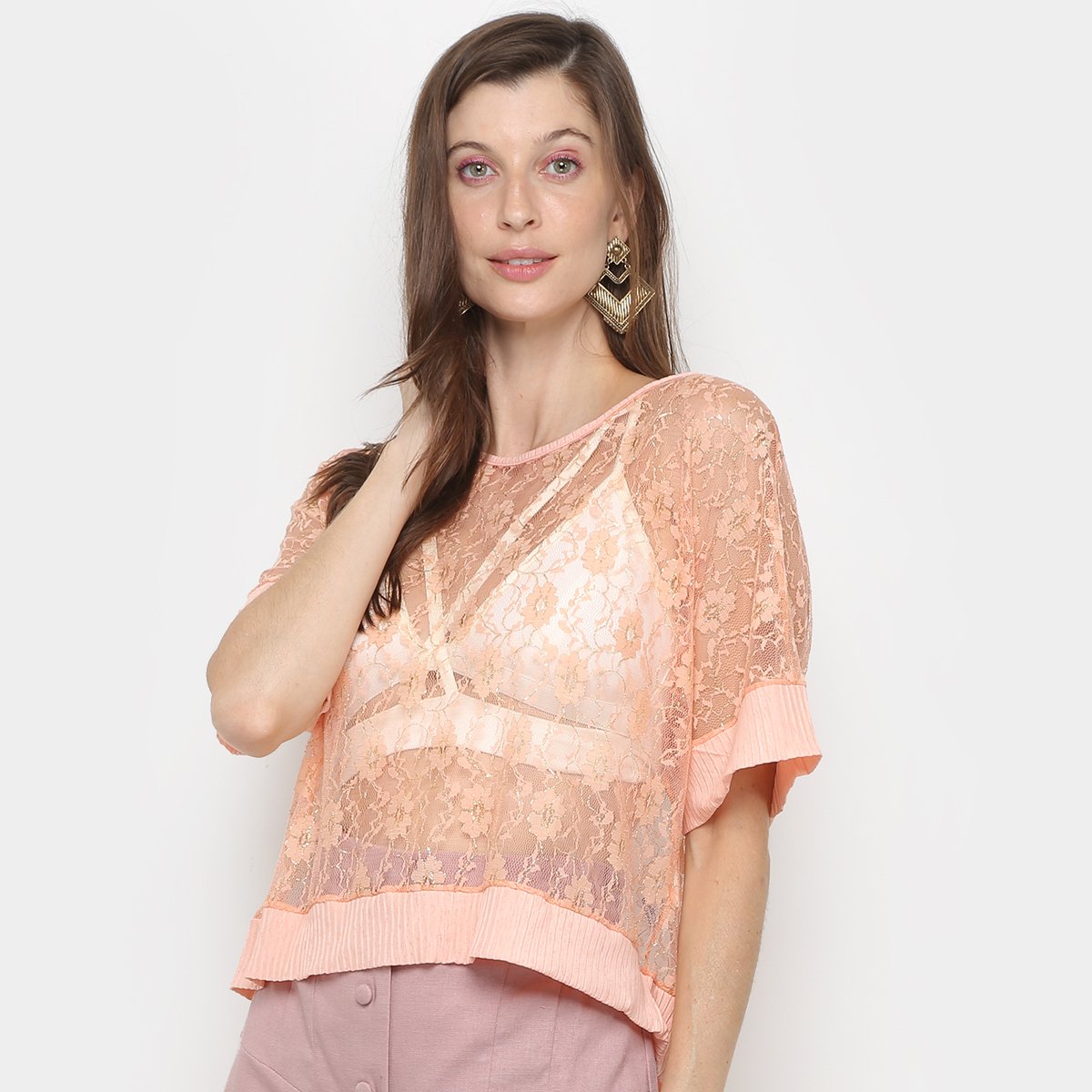 Blusa Vide Bula Renda Manga Curta Feminina