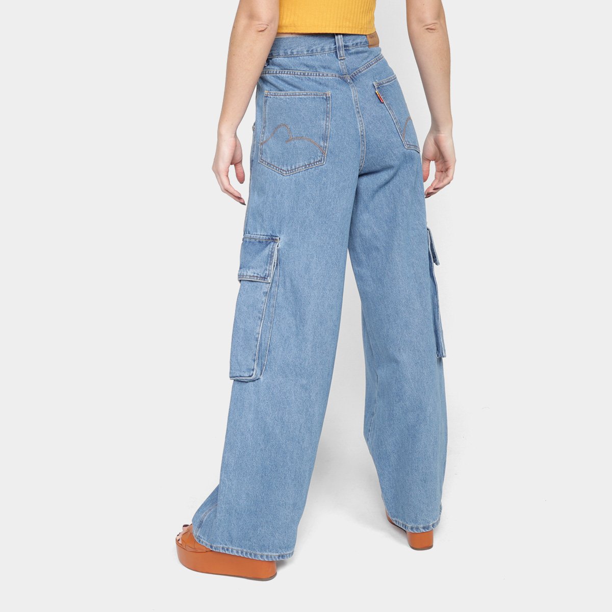 Calça Jeans Wide Leg Farm Cargo Cintura Alta Feminina - Tam: 40 - 1