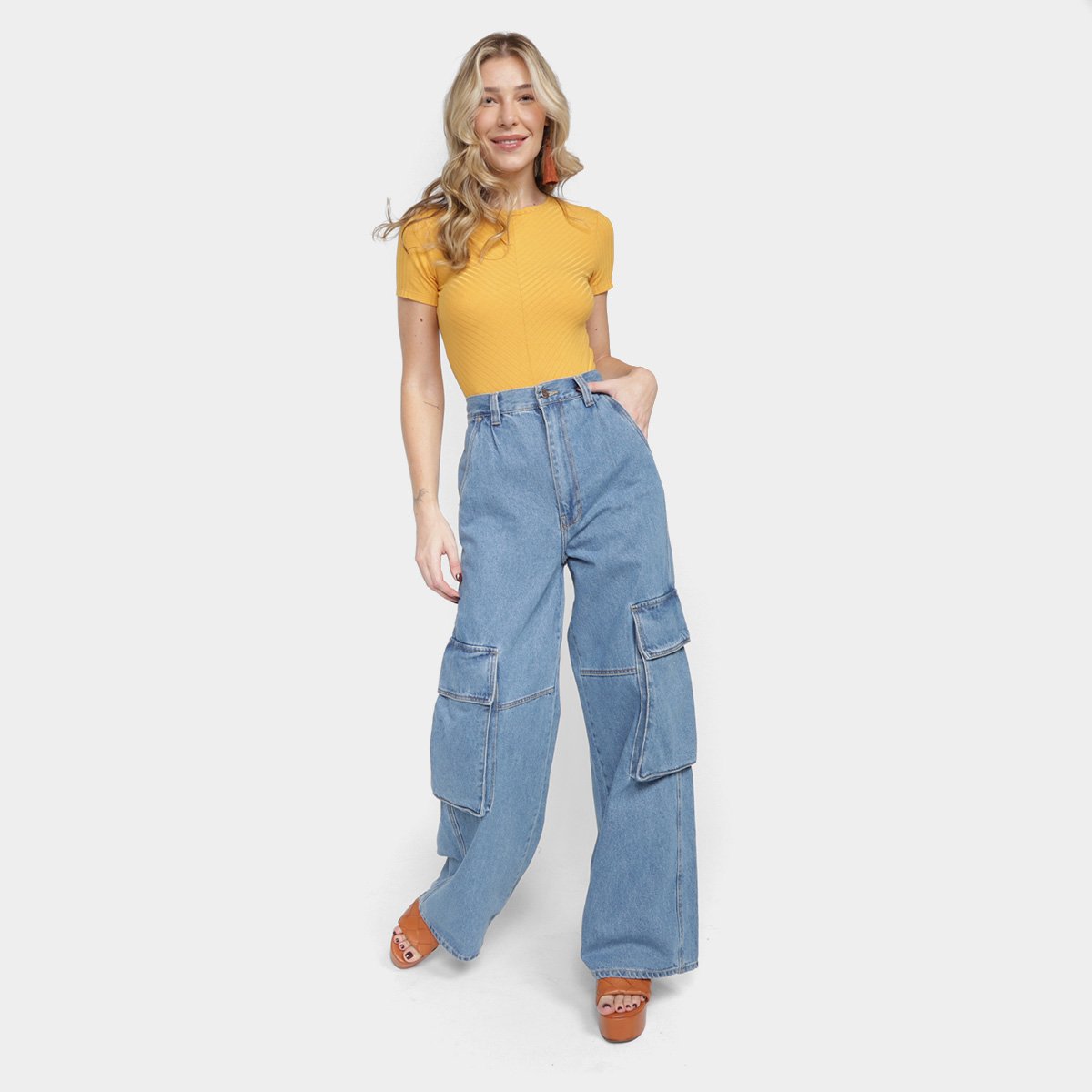 Calça Jeans Wide Leg Farm Cargo Cintura Alta Feminina - Tam: 40 - 3