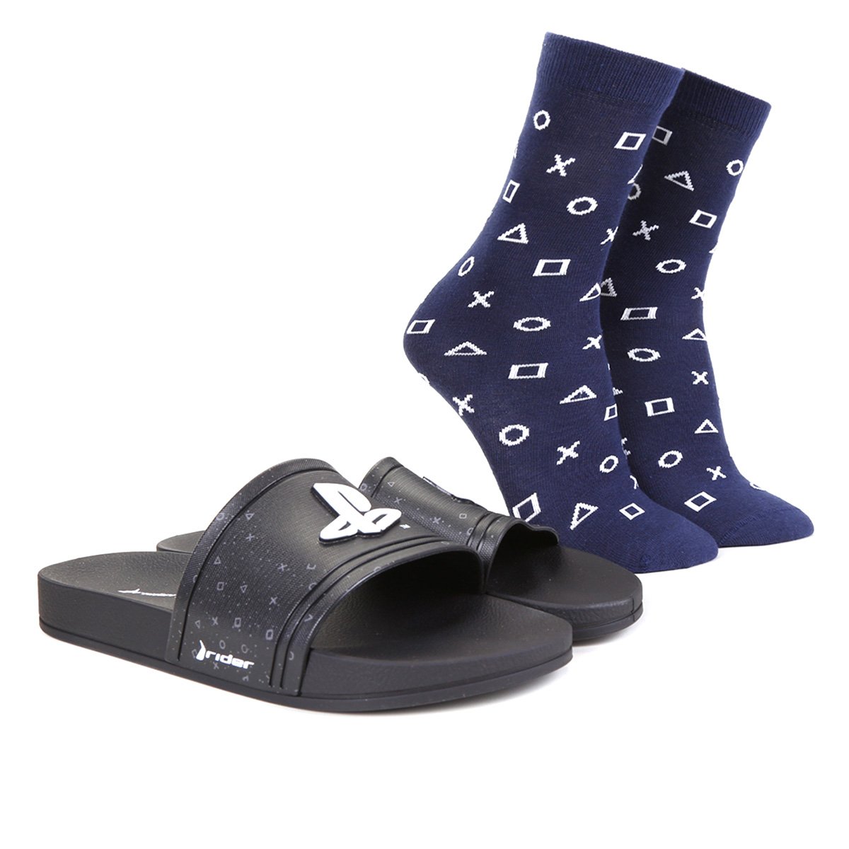 Kit Chinelo Slide Rider Playstation II AD + Meia Cano Médio Masculino