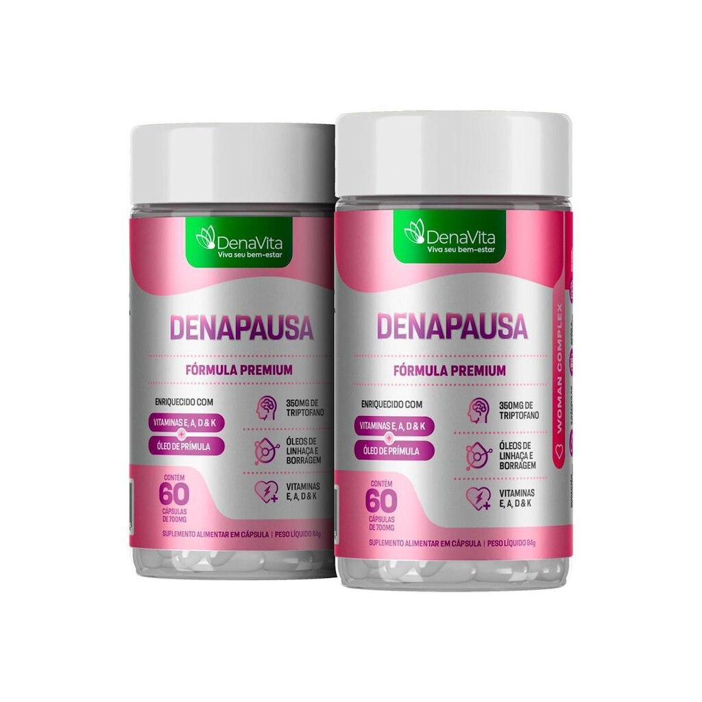 2x Denapausa, Óleos de Prímula, Linhaça, Borragem, Vitaminas A, D, E, K, Triptofano, Menopausa e TPM