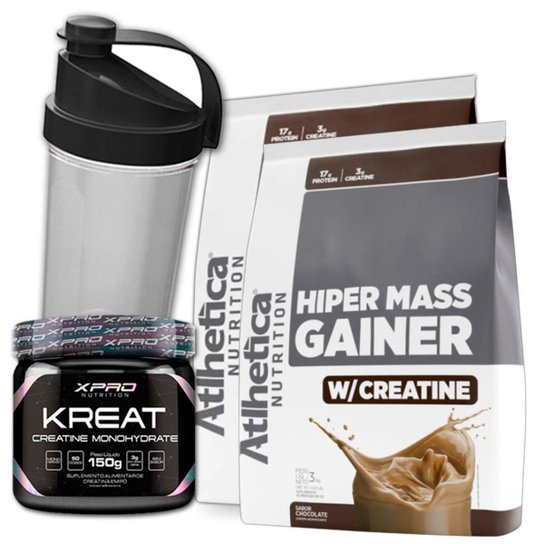 2x Hipercalórico Hiper Mass Gainer 3Kg Atlhetica Nutrition + Creatina XPro Nutrition + Coqueteleira -