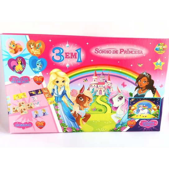 3 jogos em 1 quebra cabeça memória dominó sonho de princesa - Sortido Menor preço em 3 jogos em 1 quebra cabeça memória dominó sonho de princesa - Sortido