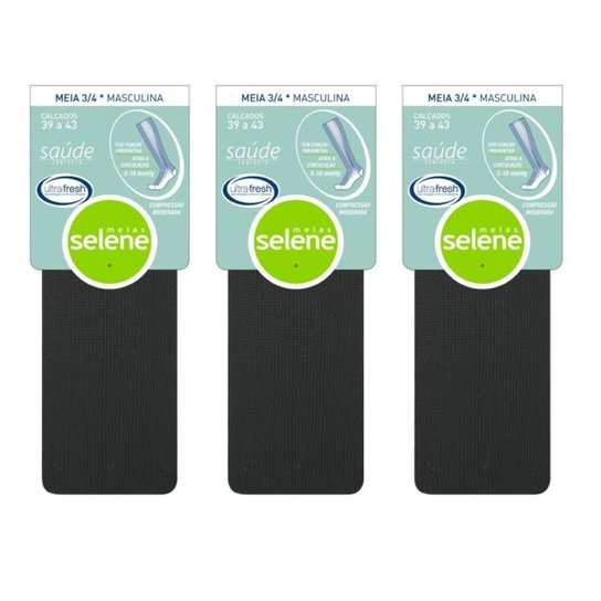 3 Pares de Meias 3/4 Masculina Compressão Moderada Selene 6096 - Preto Menor preço em 3 Pares de Meias 3/4 Masculina Compressão Moderada Selene 6096 - Preto
