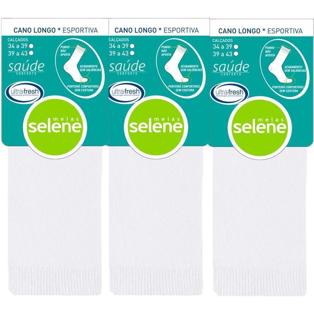 3 pares de meias Selene Cano Longo indicada para Diabéticos Algodão 6301