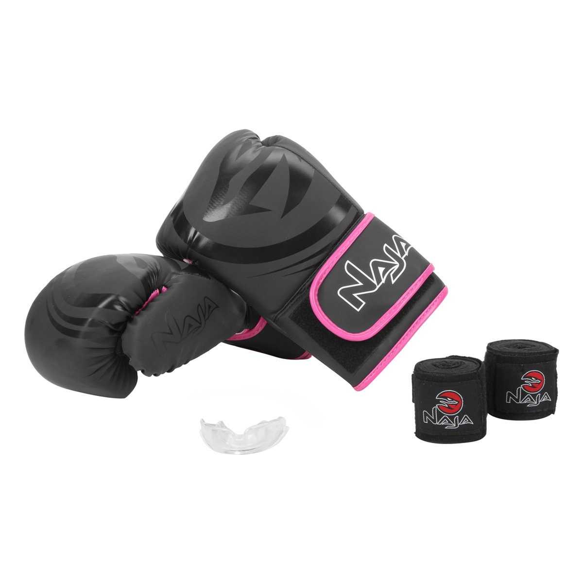 Kit Luva de Boxe/ Muay Thai Naja Black 10 Oz + Bandagem + Protetor Bucal + Bag