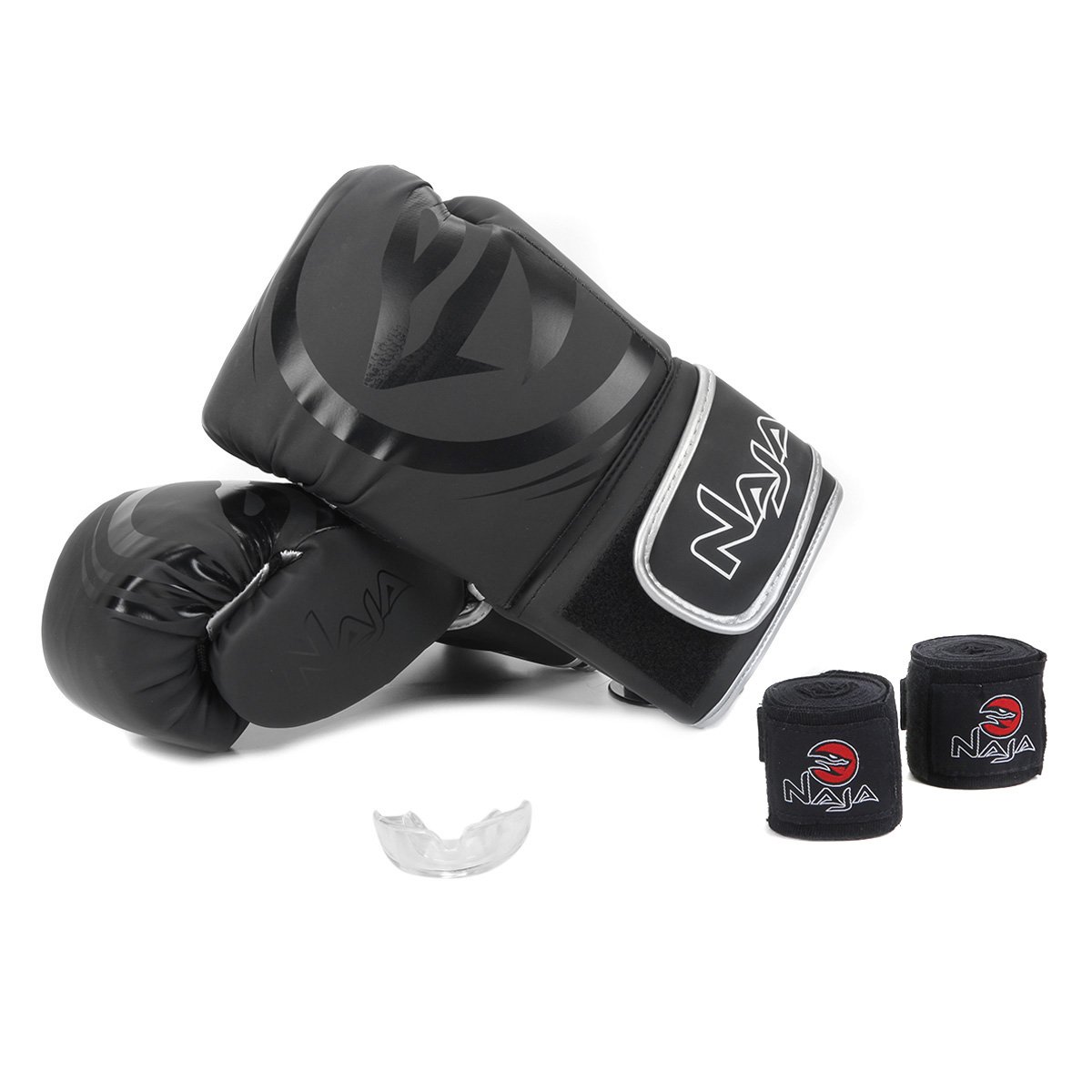Kit Luva de Boxe/ Muay Thai Naja Black 14 Oz + Bandagem + Protetor Bucal + Bag