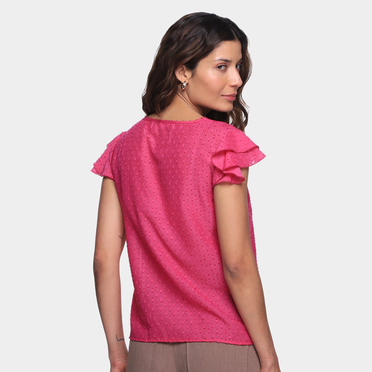 Blusa Dom Fashion Decote V Manga Curta Babado Feminina - Tam: P - 1