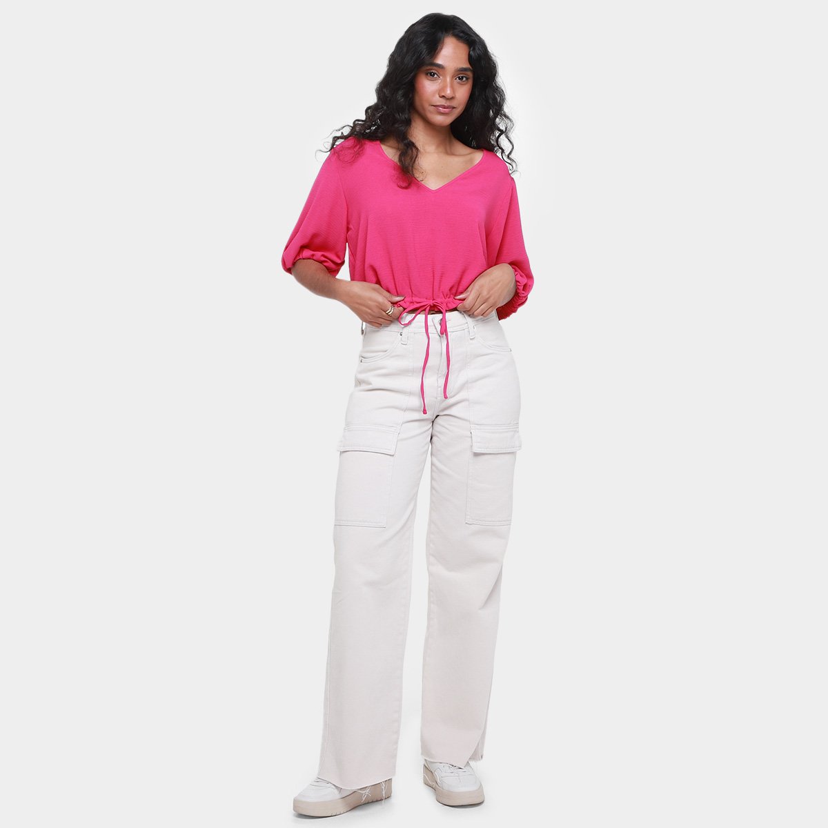 Blusa Morena Rosa Cropped Decote V Com Amarração Manga 7/8 Feminina - Tam: M - 3