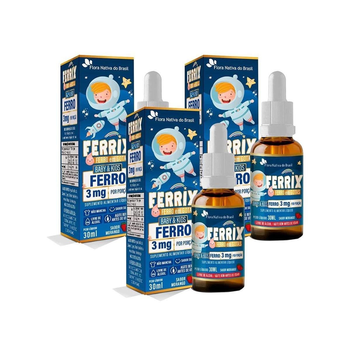 3x Ferrix Ferro Para Crianças 3mg em Gotas 30ml Sabor Morango - Branco ...