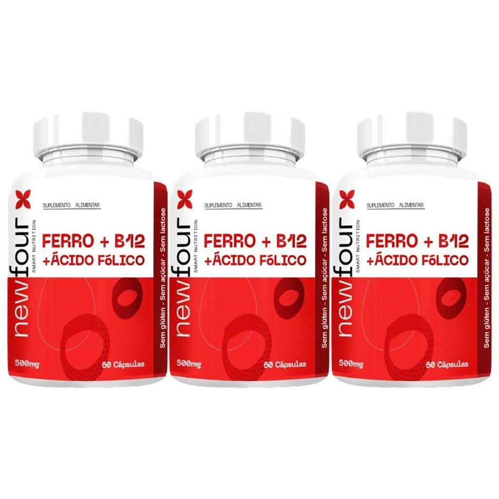 3x Ferro + Vitamina B12 + Ácido Folico 180 Cápsulas 500mg - New Four