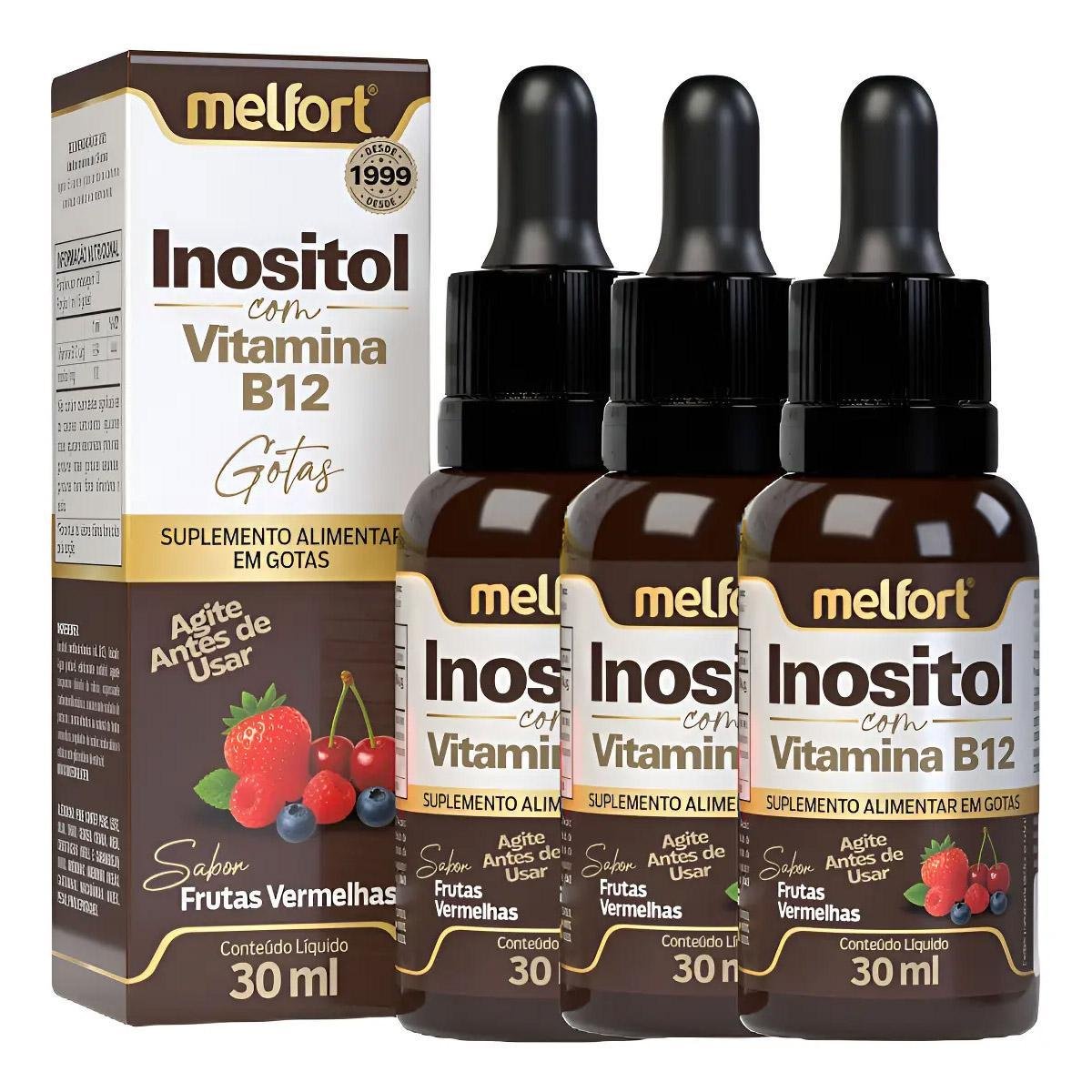 3x Inositol com Vitamina B12 Metilcobalamina Gotas Frutas Vermelhas 30ml Melfort