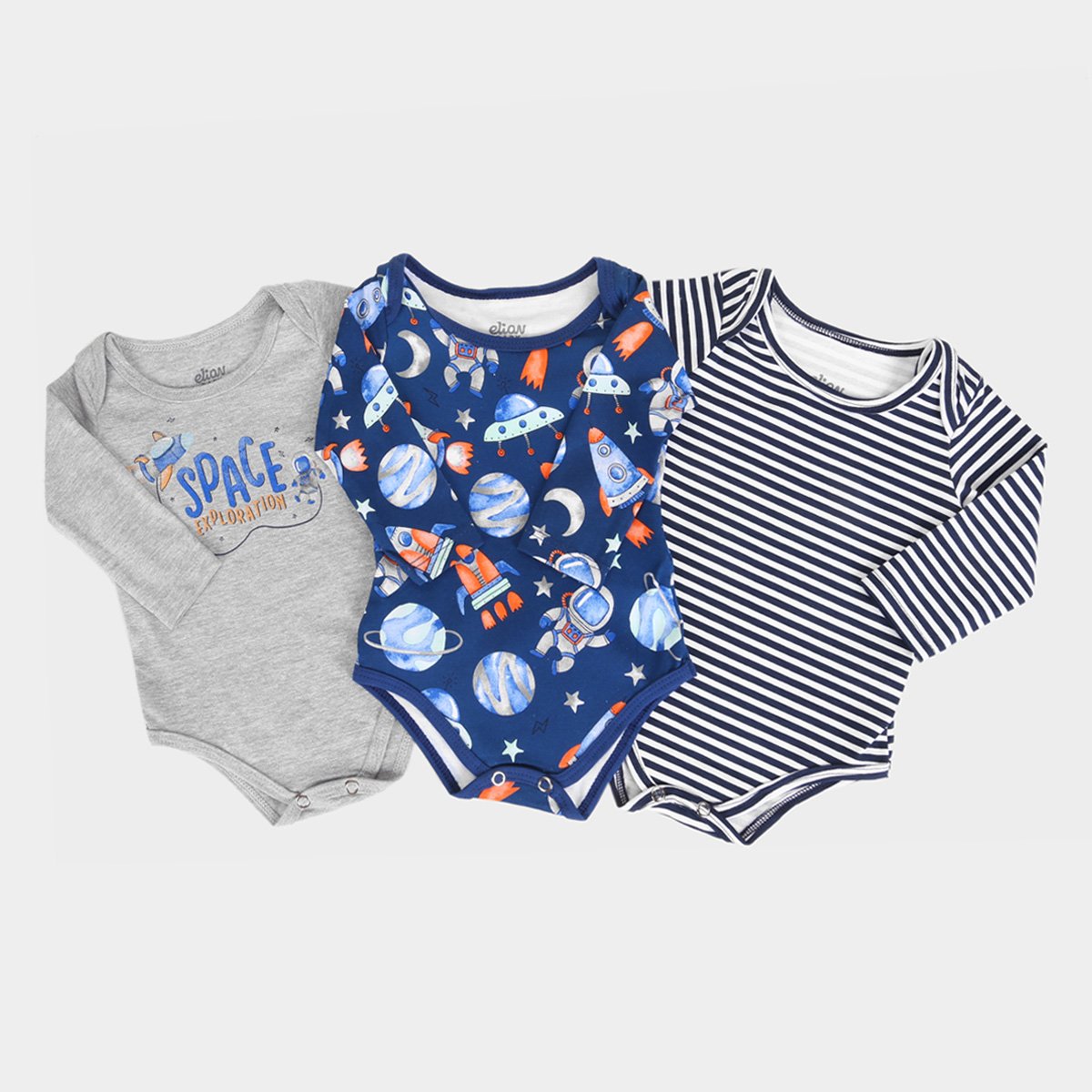 Kit Bebê Elian Body Manga Longa Space Listrado 3 Peças Masculino