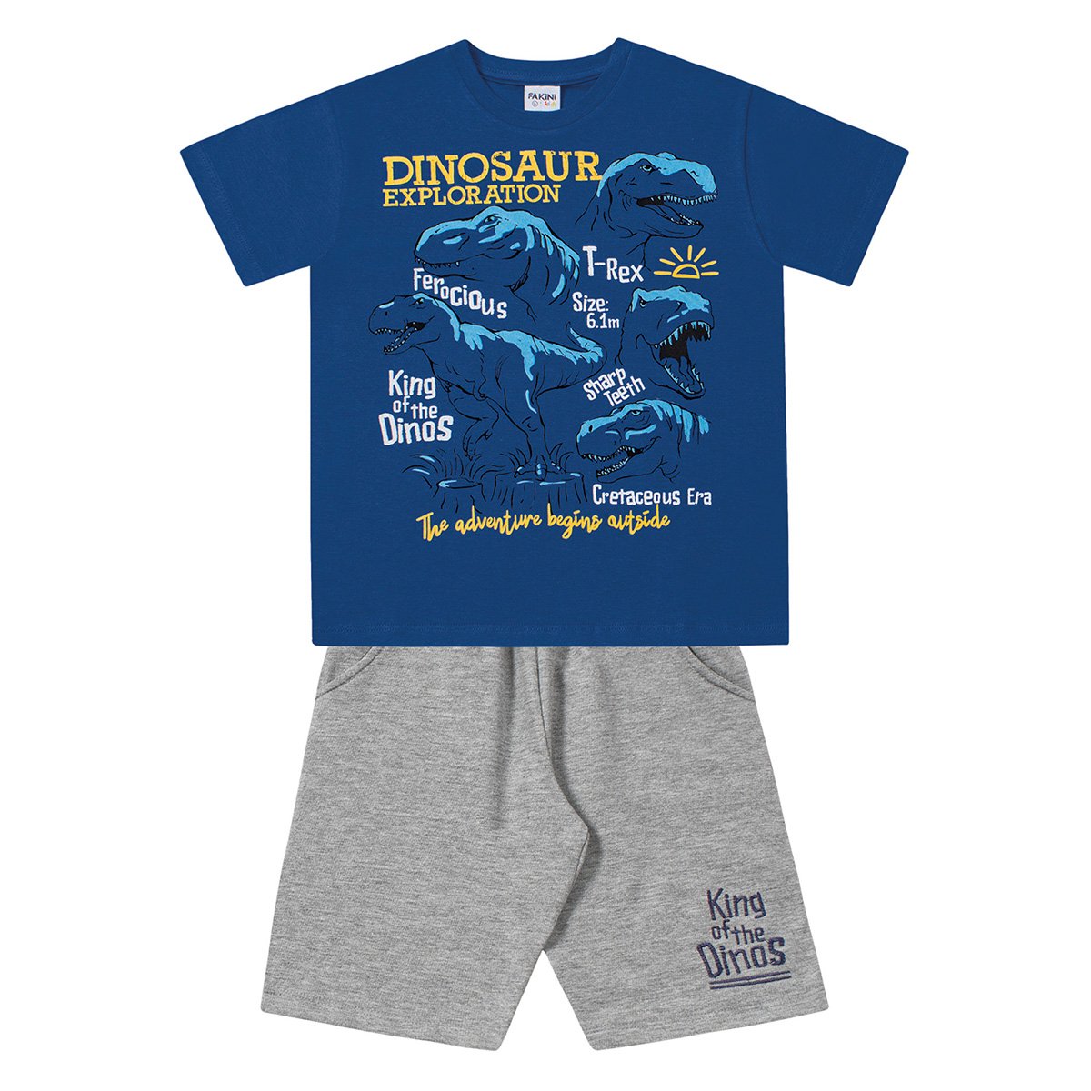 Conjunto Infantil Fakini Camiseta Malha e Bermuda Moletinho Dinos Masculino