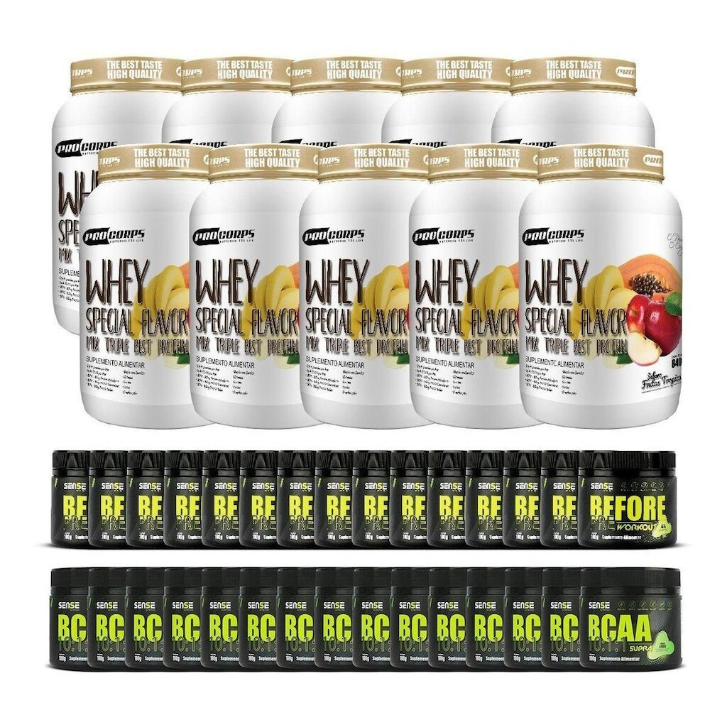 5 Kit Whey 840g + 5 Bcaa + 5 Pré Treino + 5 Glutamina